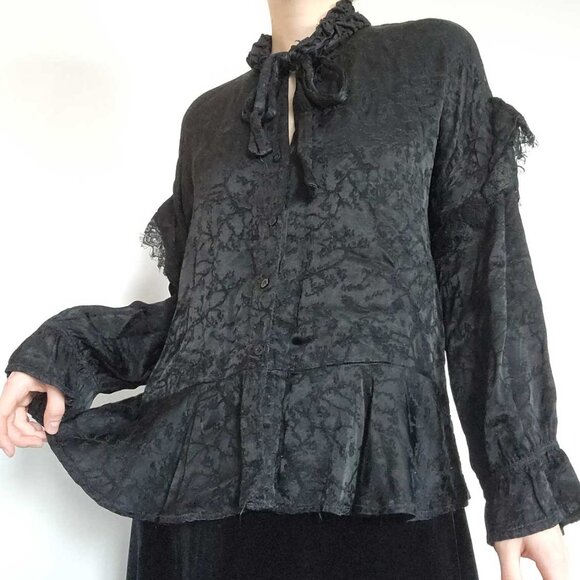 Vintage Tops - Vintage Victorian style black high neck bow shirt with puffy pirate sleeves